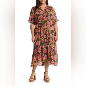 MAGGY LONDON Floral Ruffle Faux Wrap Midi Dress Size 22 NWT